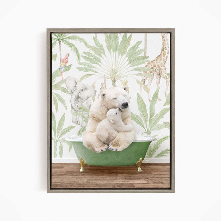 A polar bear is sitting in a green bathtub, surrounded by various animals such as a giraffe, elephant, and parrot, all set against a tropical jungle backdrop.