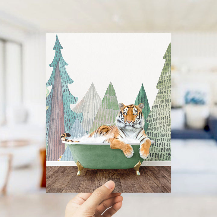 A tiger is sitting in a green bathtub, surrounded by a forest scene with trees and a blue sky.