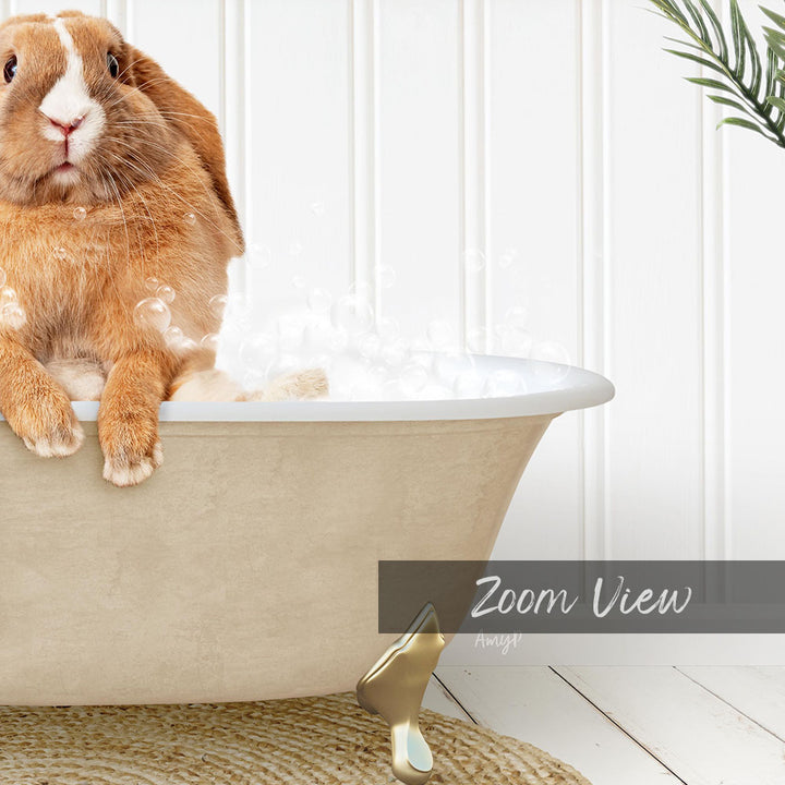 A brown rabbit sitting in a bathtub filled with bubbles, with a plant visible in the background.