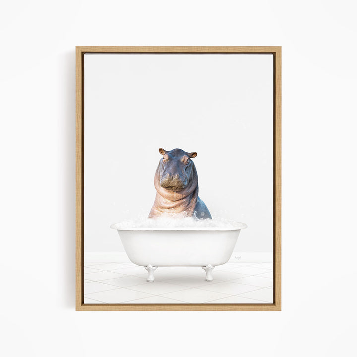 A hippopotamus sitting in a white bathtub filled with water, creating a whimsical and playful scene.