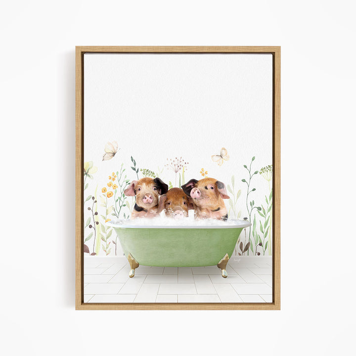 Three adorable pigs sitting in a green bathtub, surrounded by flowers and butterflies, creating a whimsical and charming scene.