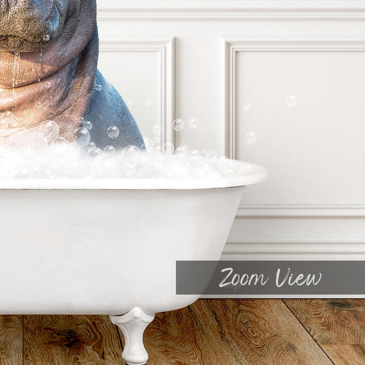 A close-up of a bathtub filled with bubbles, with a dog's head partially submerged in the water.