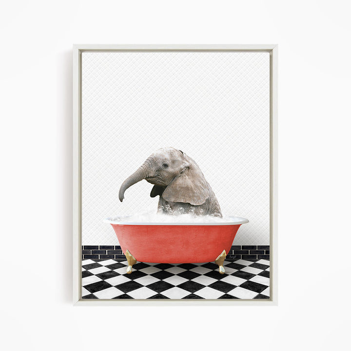 A baby elephant sitting in a red bathtub filled with water, surrounded by a black and white checkered floor.