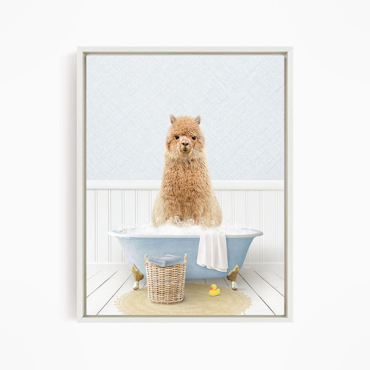 A fluffy brown dog sitting in a blue bathtub filled with bubbles, surrounded by a yellow rubber duck and a wicker basket.