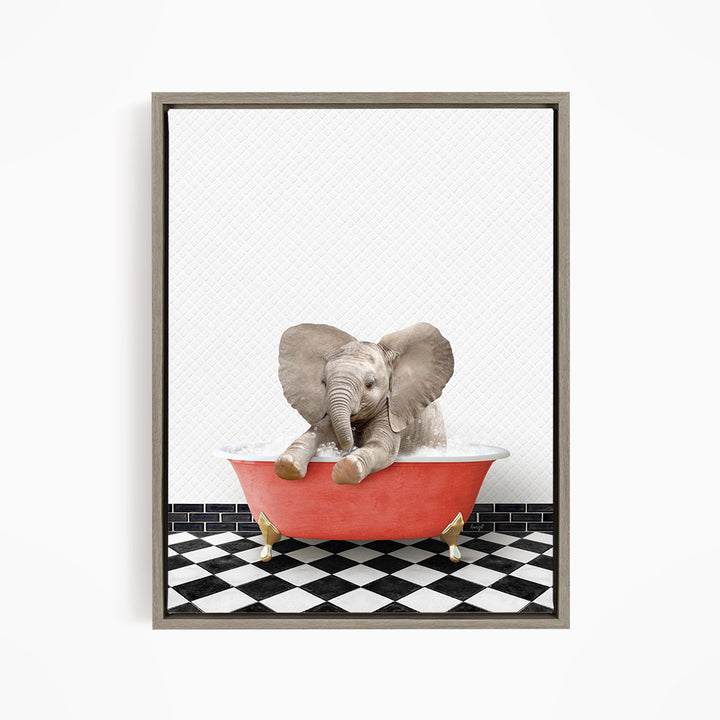 A baby elephant sitting in a red bathtub on a black and white checkered floor.