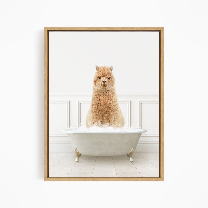 A fluffy brown dog sitting in a white bathtub filled with water, looking directly at the camera.