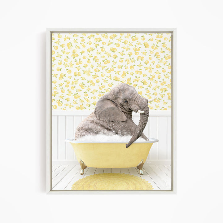 A gray elephant is sitting in a yellow bathtub filled with water, surrounded by a yellow floral pattern on the wall behind it.