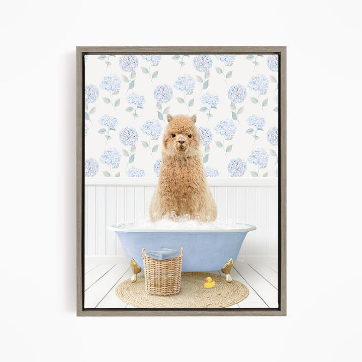 A small brown dog sitting in a blue bathtub filled with water, surrounded by a wicker basket and rubber ducks.