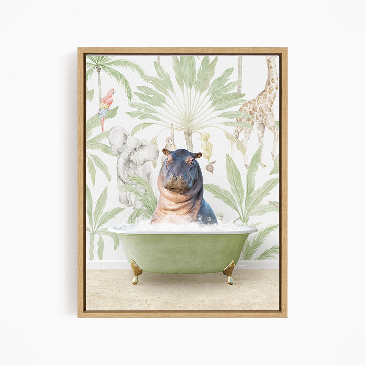 A framed print depicting a hippopotamus sitting in a green bathtub, surrounded by tropical foliage and animals such as a giraffe and a parrot.