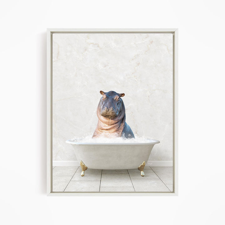 A hippopotamus sitting in a white bathtub filled with water, creating a whimsical and playful scene.