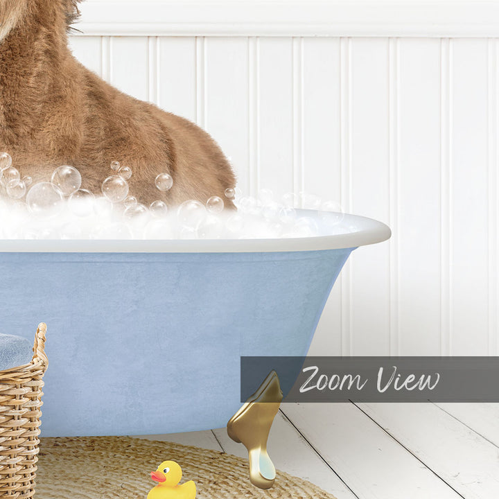 A dog is sitting in a blue bathtub filled with bubbles, surrounded by rubber ducks and a basket.