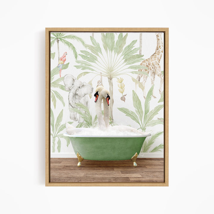 A framed print depicting a whimsical scene of a swan and a giraffe enjoying a bath in a green bathtub, surrounded by tropical foliage.