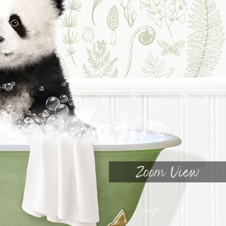 A panda bear sitting in a green bathtub filled with bubbles, with a white towel draped over the side of the tub.