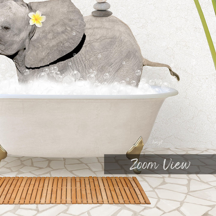 A gray elephant is taking a bath in a white bathtub, surrounded by bubbles, with a wooden mat and a text overlay that reads "Zoom View".