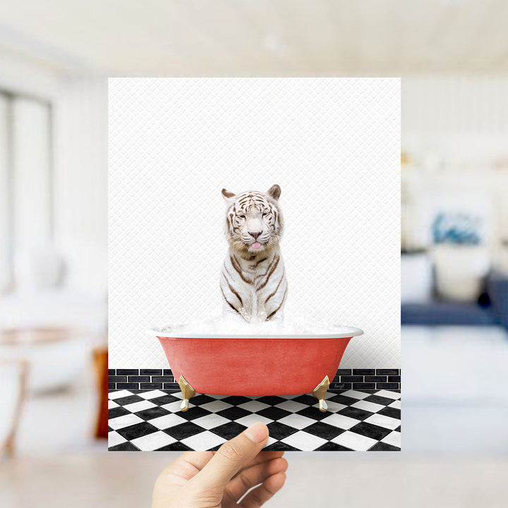 A white tiger is sitting in a red bathtub filled with water, with a black and white checkered floor in the background.