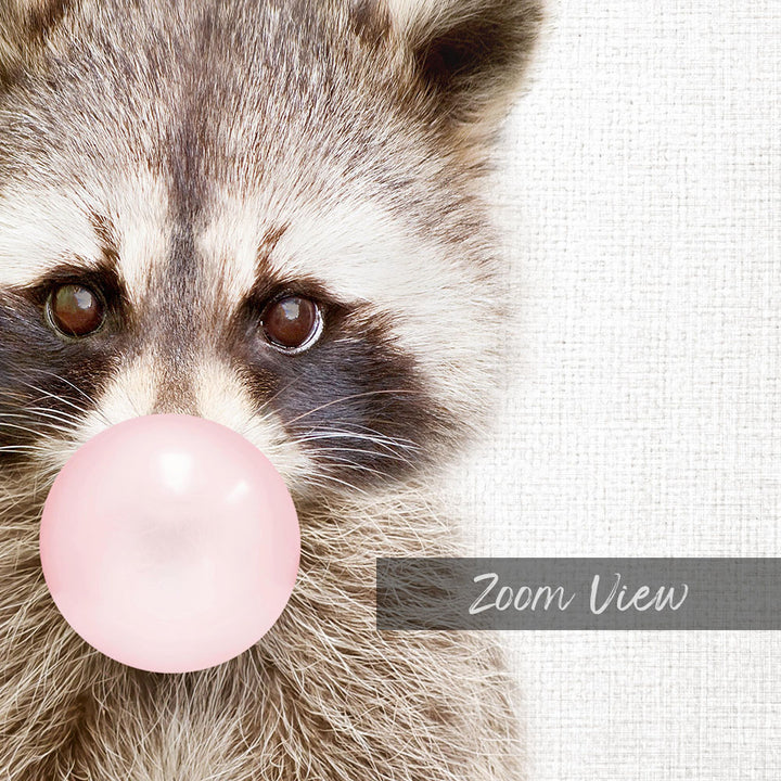 A raccoon blowing a bubble with a pink bubble gum bubble.
