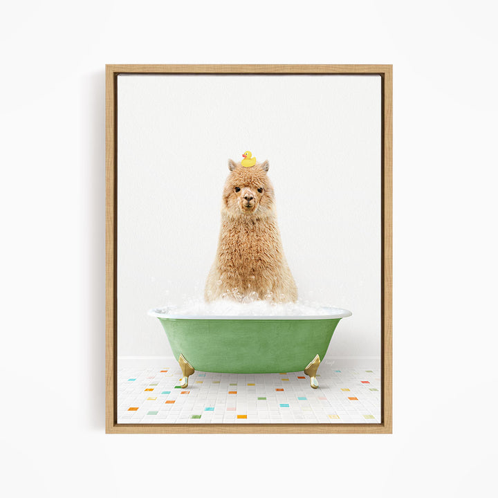 A fluffy brown dog sitting in a green bathtub filled with bubbles, with a yellow rubber duck perched on its head.