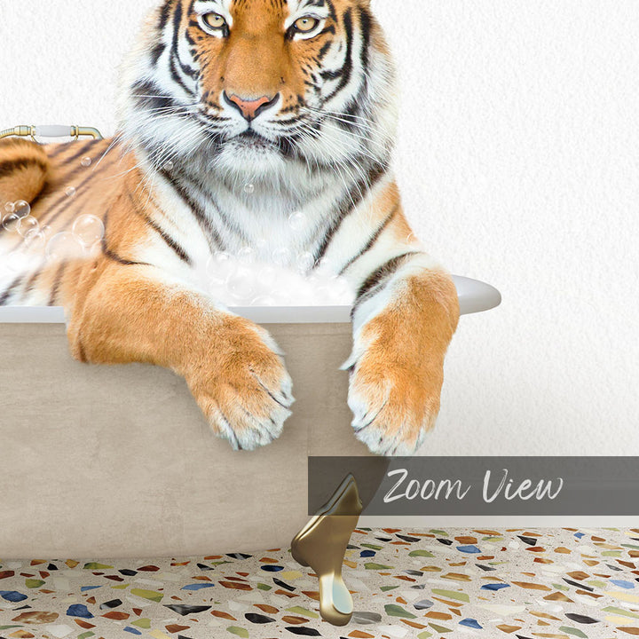 A tiger is sitting in a bathtub filled with water, surrounded by bubbles, creating a whimsical and playful scene.