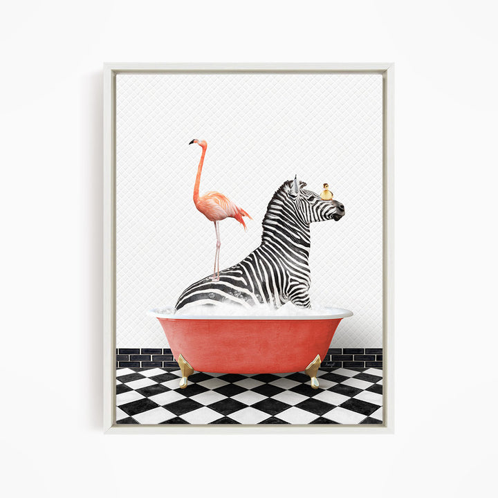 A zebra is sitting in a red bathtub, with a pink flamingo standing on its back and a yellow bird perched on its head.