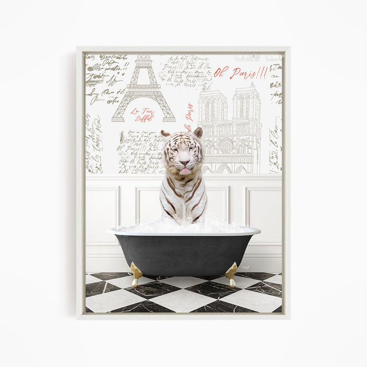 A white tiger is sitting in a bathtub filled with water, surrounded by a Paris-themed background with the Eiffel Tower and other landmarks.