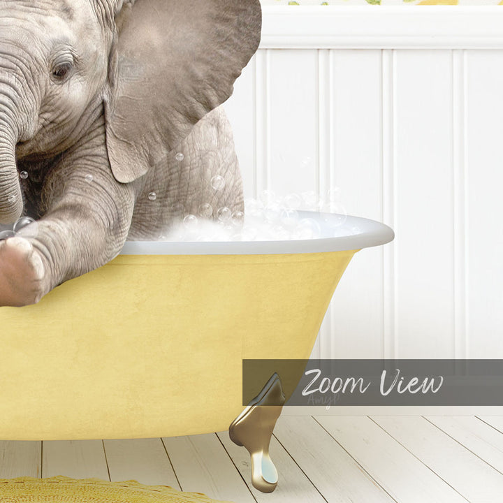 A baby elephant sitting in a yellow bathtub, surrounded by bubbles, with a white wall and wooden floor in the background.