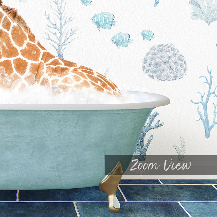 A giraffe is sitting in a bathtub filled with water, surrounded by a blue and white underwater scene with fish and coral.