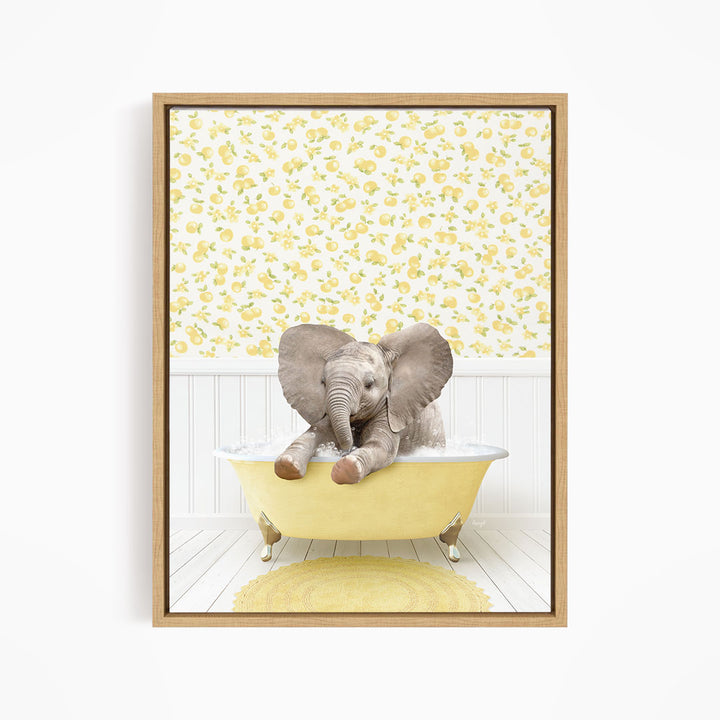 A baby elephant sitting in a yellow bathtub, surrounded by a yellow floral wallpaper.