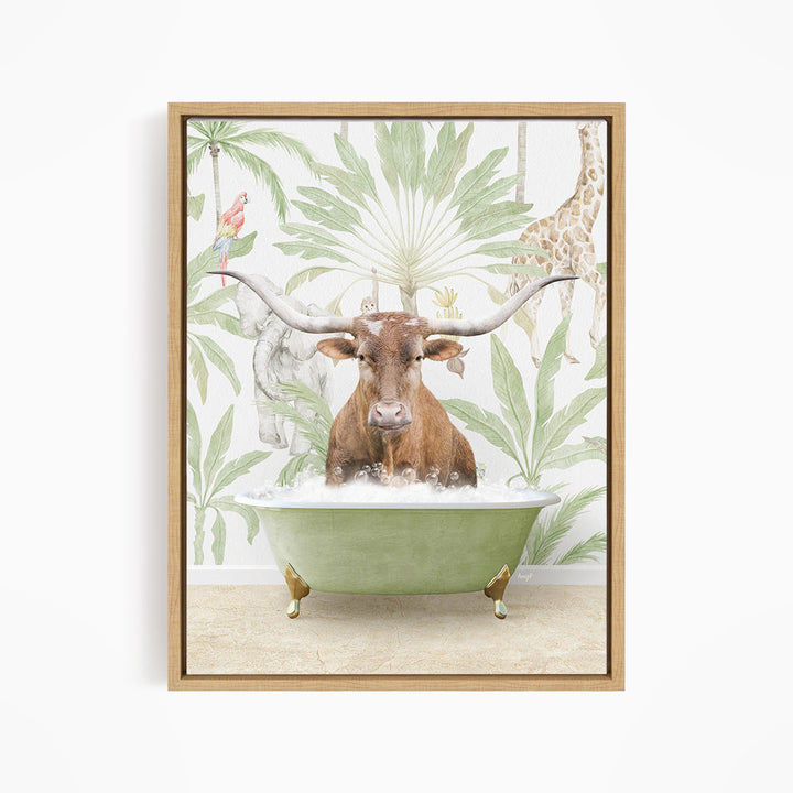 A brown cow with large horns is sitting in a green bathtub, surrounded by tropical foliage and animals such as a giraffe and a parrot.