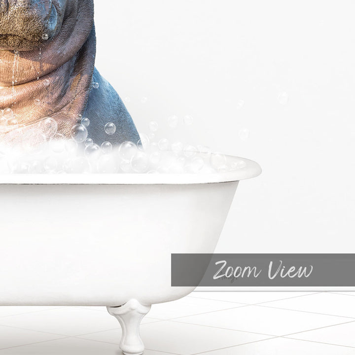 A close-up of a bathtub filled with bubbles, with a dog's head partially submerged in the water.