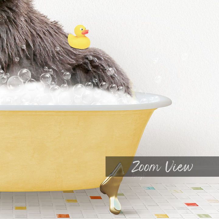 A yellow bathtub filled with bubbles, with a rubber duck sitting on the edge.