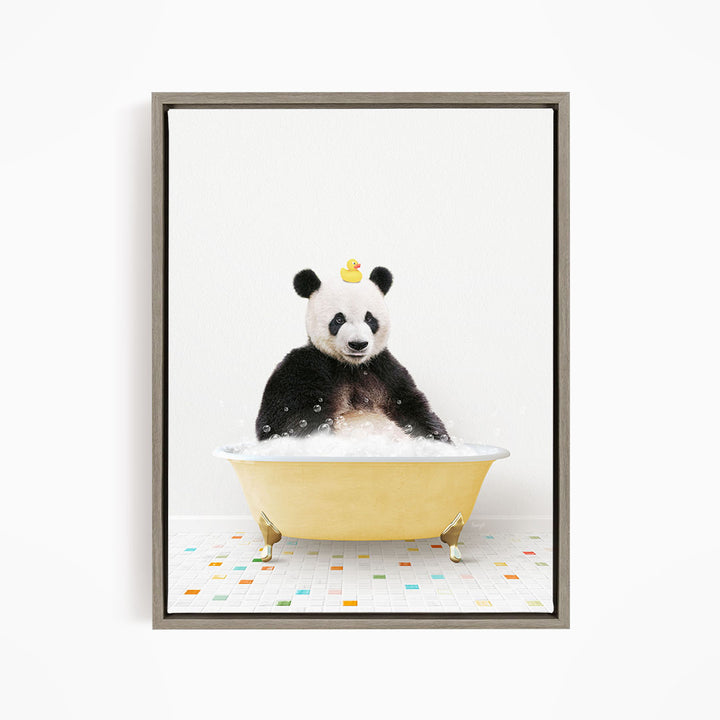 A panda bear sitting in a yellow bathtub, with a rubber duck on its head, against a white background.