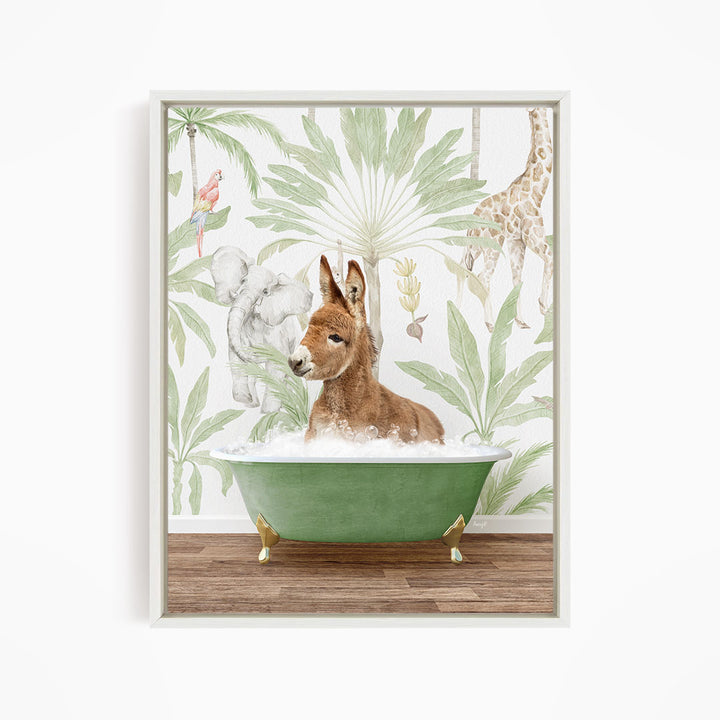 A donkey is sitting in a green bathtub filled with water, surrounded by a tropical wallpaper with palm trees and other animals.