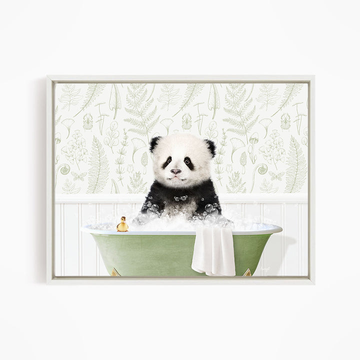 A panda bear sitting in a green bathtub, surrounded by bubbles and a rubber duck.