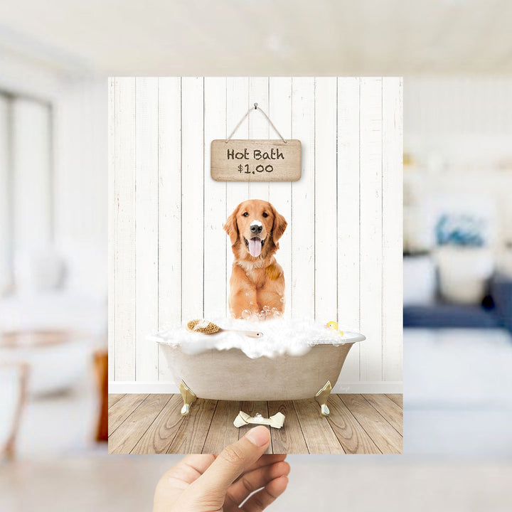 A golden retriever dog sitting in a bathtub filled with bubbles, with a sign above the tub indicating a hot bath for $1.00.