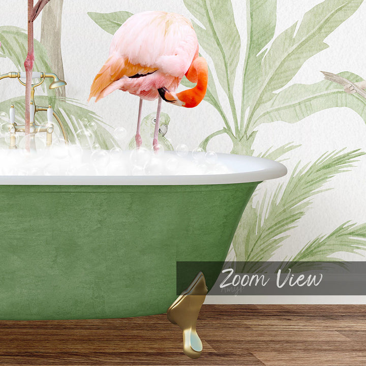 A pink flamingo standing in a green bathtub filled with water, surrounded by a tropical plant backdrop.