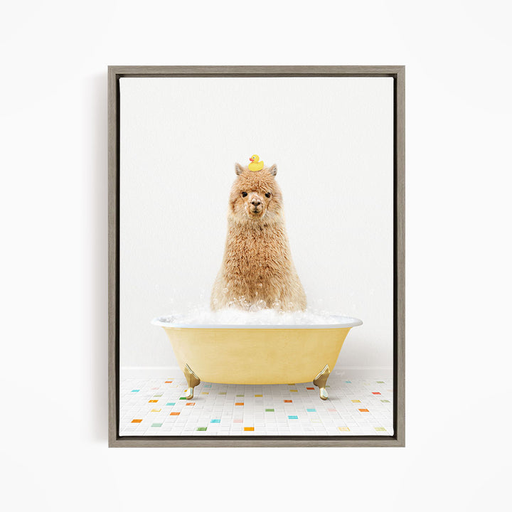A fluffy brown dog sitting in a yellow bathtub filled with bubbles, with a yellow rubber duck perched on its head.