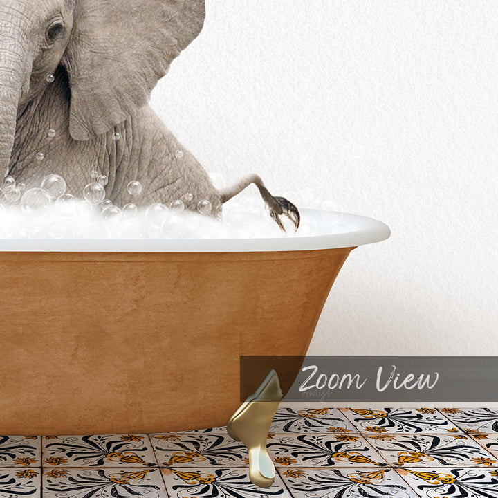 A large elephant is taking a bath in a bathtub, surrounded by bubbles, with a gold bathtub faucet and a patterned tile floor in the foreground.