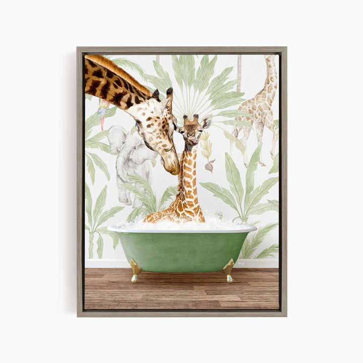 A giraffe is sitting in a green bathtub, surrounded by other giraffes and tropical plants, creating a whimsical and playful scene.