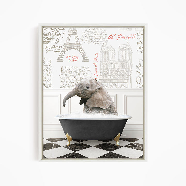 A gray elephant is sitting in a black bathtub filled with water, surrounded by a wall with various inscriptions and illustrations, including the Eiffel Tower.