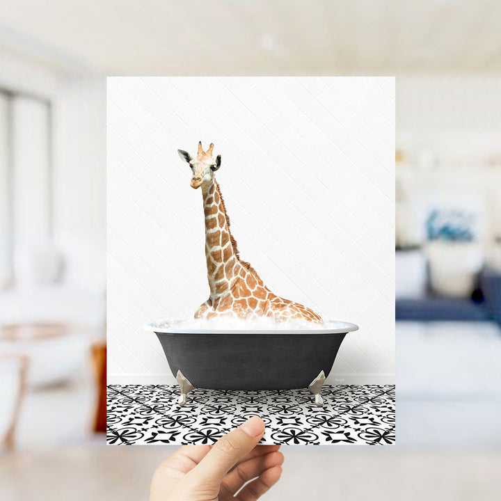 A giraffe sitting in a bathtub filled with water, creating a whimsical and playful scene.