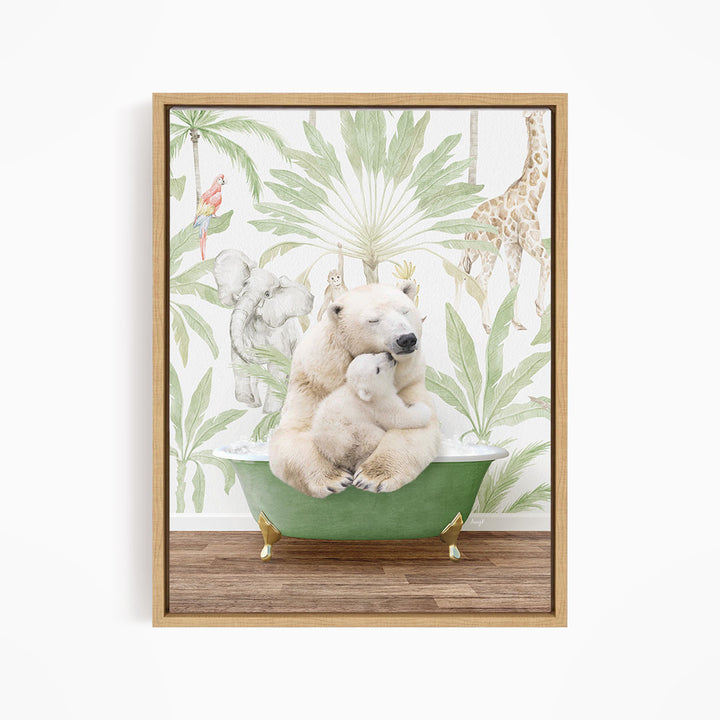 A polar bear is sitting in a green bathtub, surrounded by tropical plants and animals, including a giraffe and a parrot.