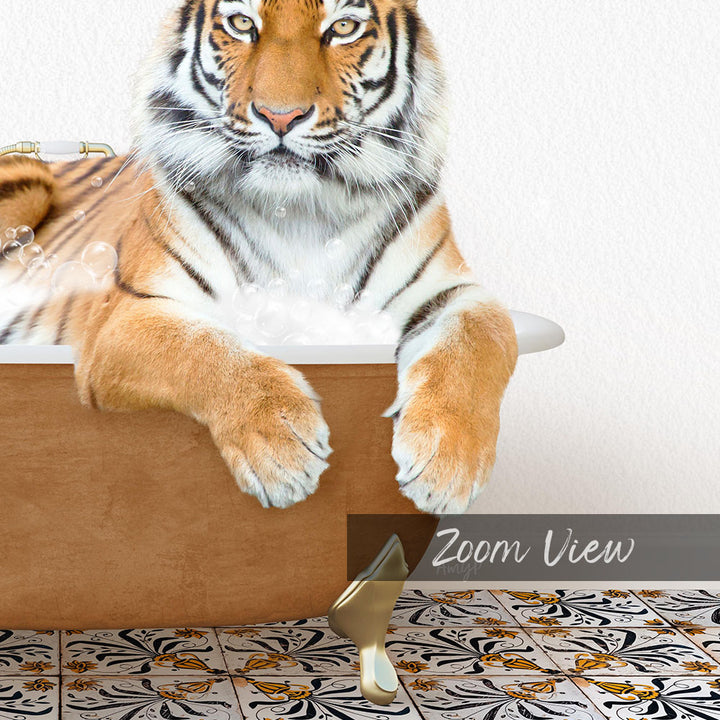 A tiger resting in a bathtub, surrounded by bubbles, with a text overlay that reads "Zoom View".