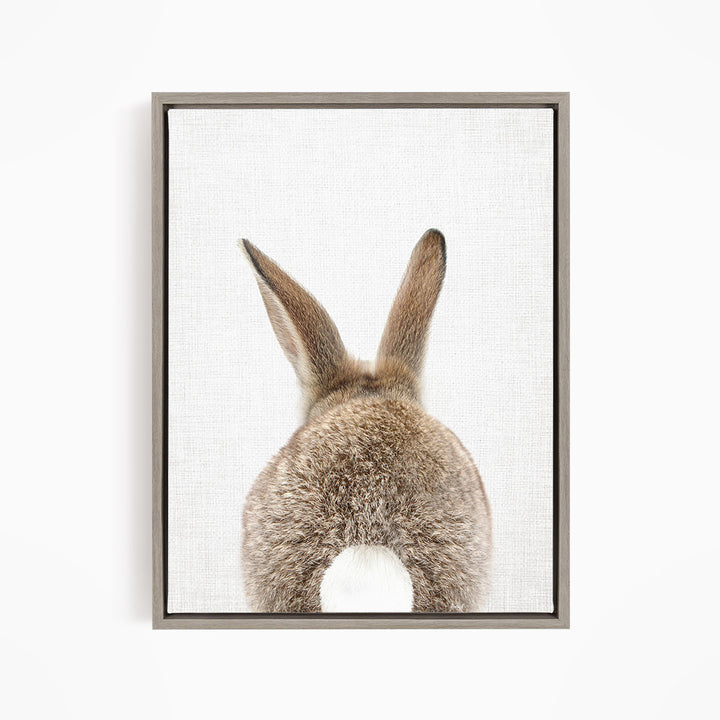 A framed image of a rabbit's back, showing its fluffy tail and long ears.