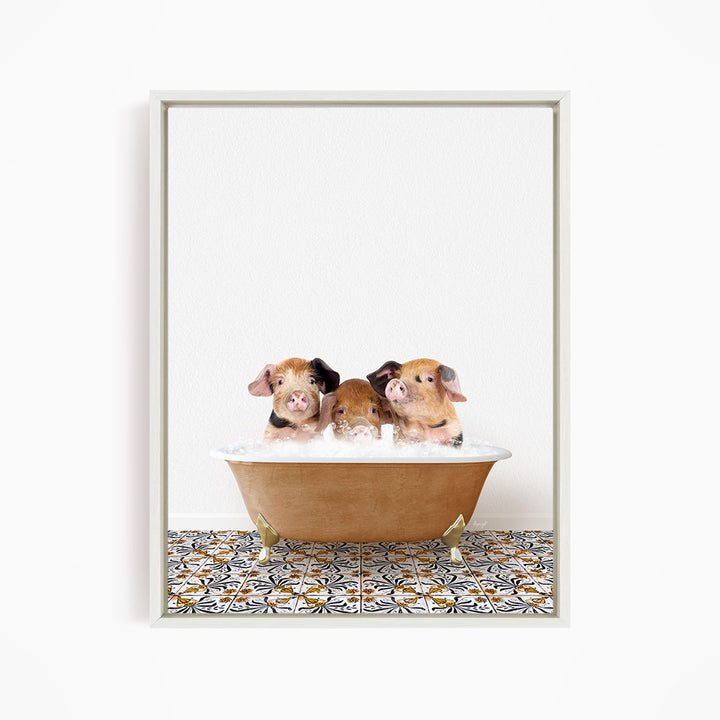 Three adorable pigs sitting in a bathtub filled with water, creating a playful and whimsical scene.