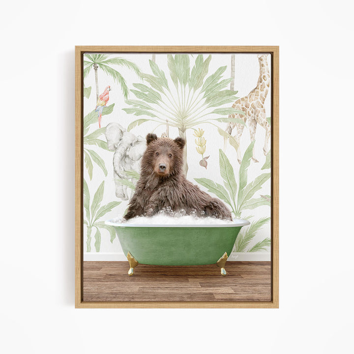 A brown bear is sitting in a green bathtub, surrounded by a tropical wallpaper with various animals and plants.