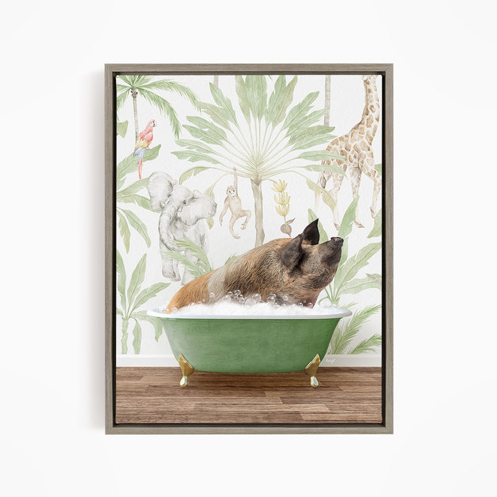 A pig is sitting in a green bathtub filled with water, surrounded by various animals such as a giraffe, parrot, and monkey, all set against a tropical jungle backdrop.