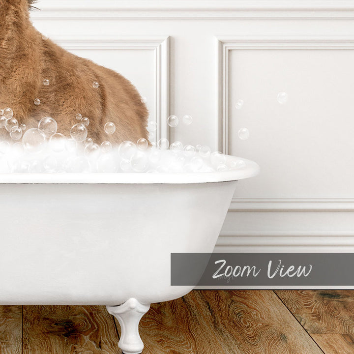 A brown dog is sitting in a white bathtub filled with bubbles, enjoying a bath.