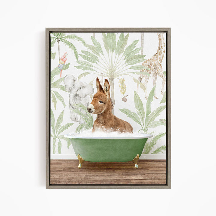 A donkey is sitting in a green bathtub filled with water, surrounded by a tropical jungle scene with palm trees, a giraffe, and other animals.