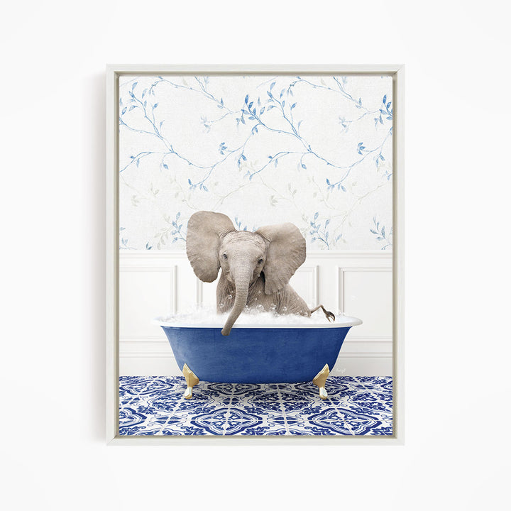 A gray elephant is sitting in a blue bathtub filled with water, surrounded by a blue and white patterned floor.