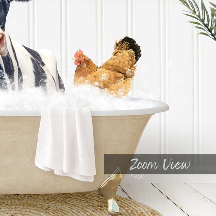A chicken is sitting in a bathtub filled with bubbles, with a towel and a plant nearby.